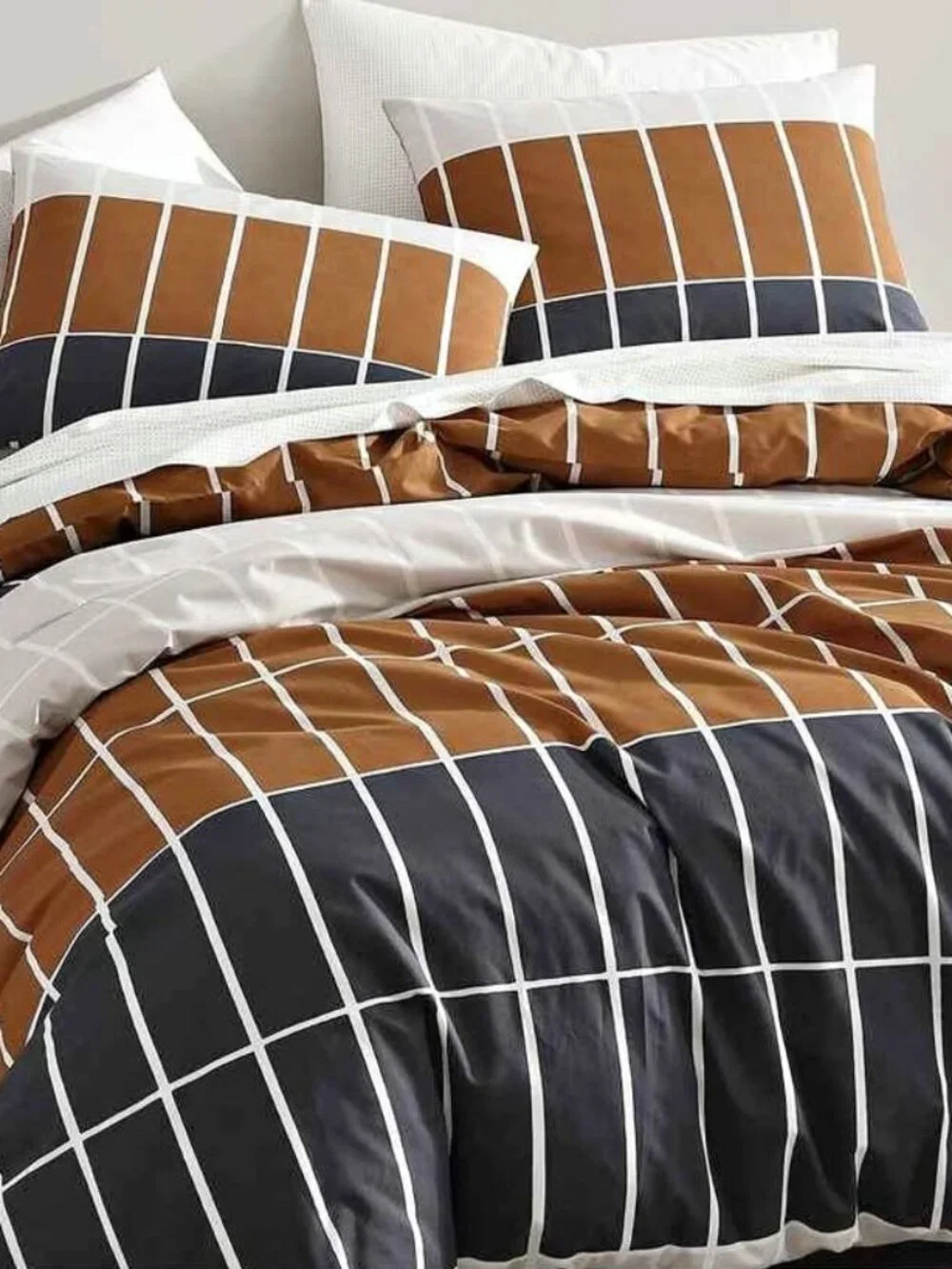 Marimekko Tiiliskivi Raita Brown/Navy KING 3 PCS Duvet Cover/Sham Set. $467